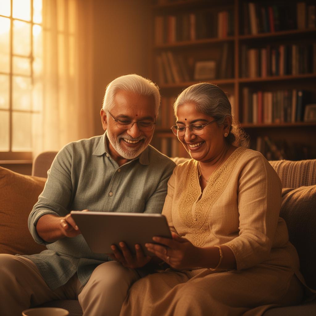 Happy elderly couple connecting with family