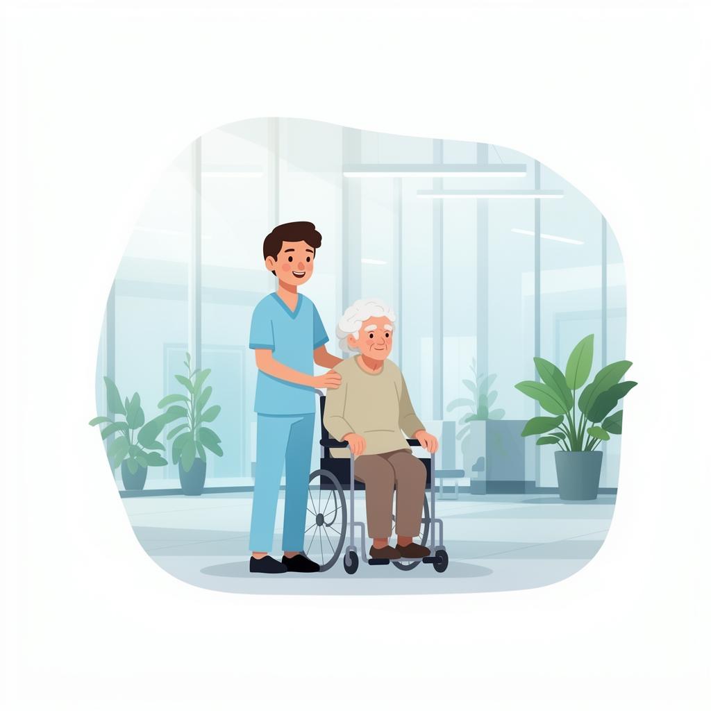 Healthcare companion supporting an elderly patient at the hospital